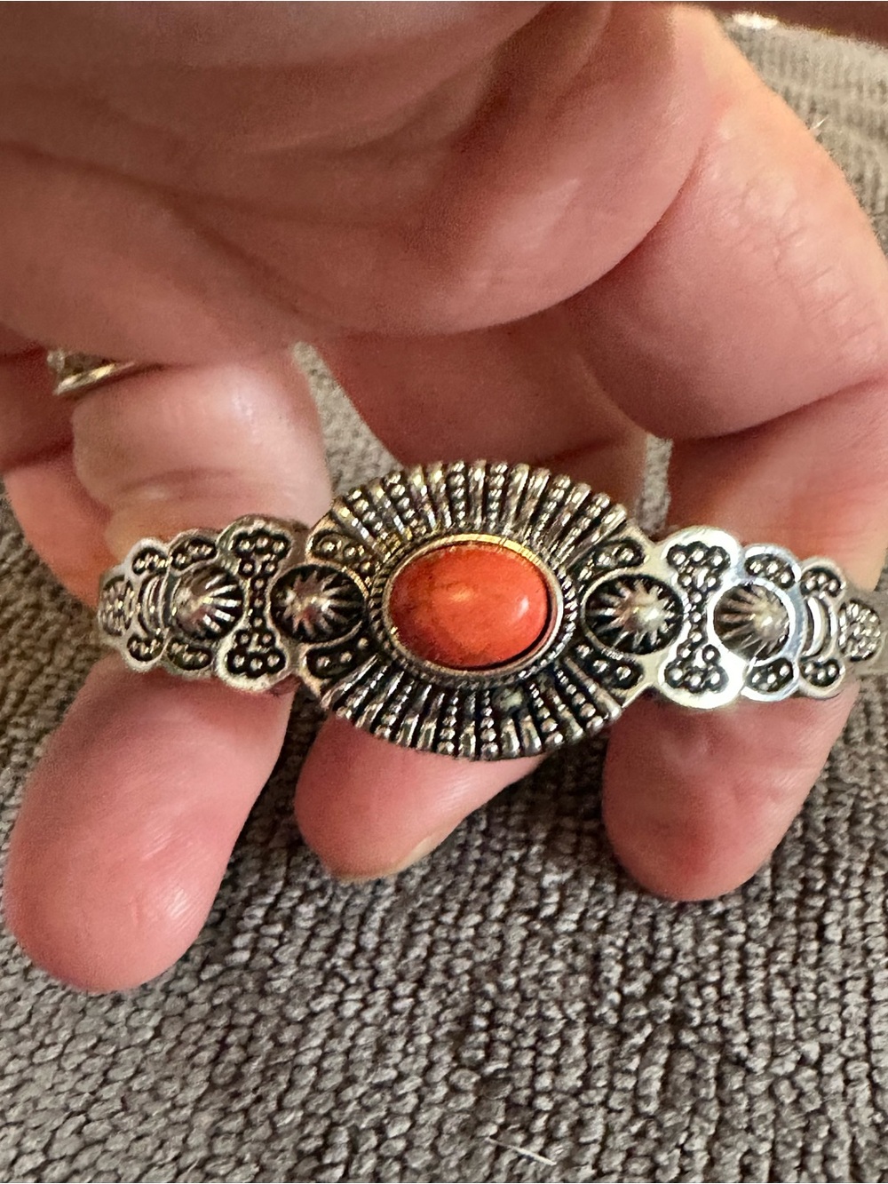 Silver-Tone Cuff Bracelet with Orange Stone Accent